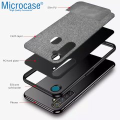 Microcase Realme 5 Pro Fabrik Serisi Kumaş ve Deri Desen Kılıf - Gri