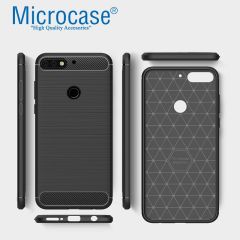 Microcase Huawei Y7 Pro 2018 Dual Sim Brushed Carbon Fiber Silikon Kılıf + Tempered Glass Cam Koruma