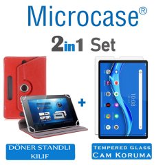 Microcase Lenovo M10 FHD Plus  10.3'' TB-X606 X606F Tablet Universal Döner Standlı Kılıf - Kırmızı + Tempered Glass Cam Koruma