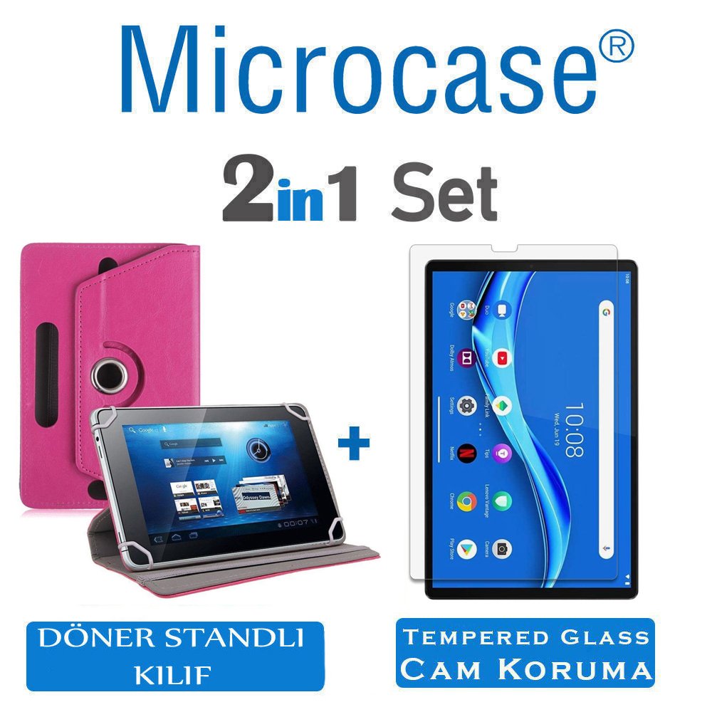 Microcase Lenovo M10 FHD Plus  10.3'' TB-X606 X606F Tablet Universal Döner Standlı Kılıf - Pembe + Tempered Glass Cam Koruma