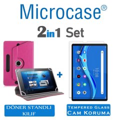 Microcase Lenovo M10 FHD Plus  10.3'' TB-X606 X606F Tablet Universal Döner Standlı Kılıf - Pembe + Tempered Glass Cam Koruma