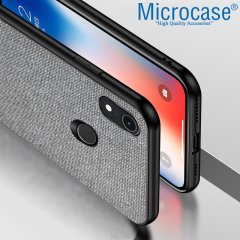 Microcase Huawei Y6 2019 - Y6s 2019 Fabrik Serisi Kumaş ve Deri Desen Kılıf - Gri