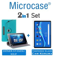 Microcase Lenovo M10 FHD Plus  10.3'' TB-X606 X606F Tablet Universal Döner Standlı Kılıf - Turkuaz + Tempered Glass Cam Koruma