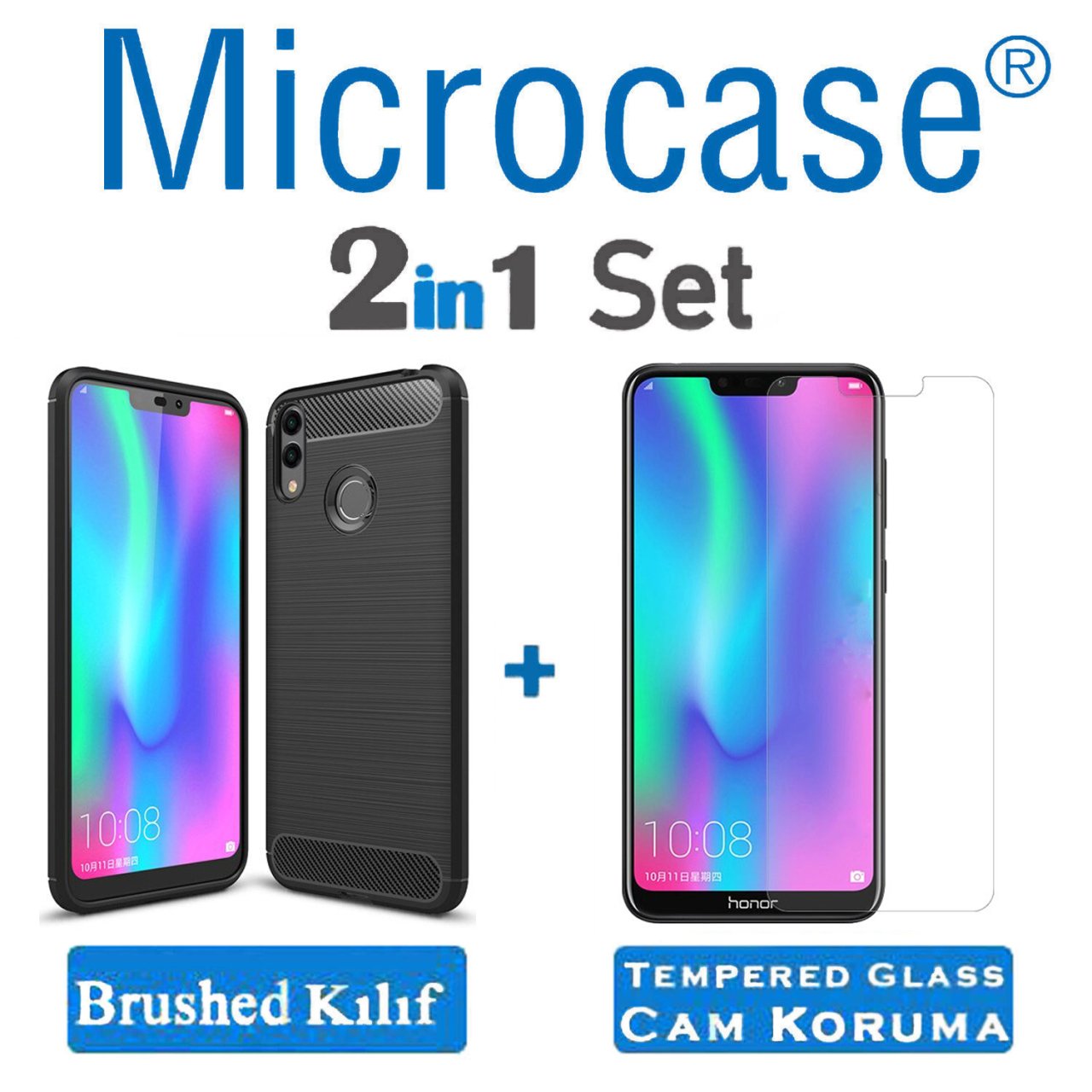 Microcase Huawei Honor 8C Brushed Carbon Fiber Silikon Kılıf + Tempered Glass Cam Koruma