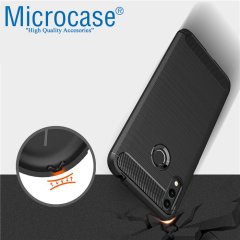 Microcase Huawei Honor 8C Brushed Carbon Fiber Silikon Kılıf + Tempered Glass Cam Koruma