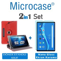 Microcase Lenovo M10 FHD Plus  10.3'' TB-X606 X606F Tablet Universal Döner Standlı Kılıf - Kırmızı + Nano Esnek Ekran Koruma Filmi