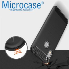 Microcase Huawei Honor 8A Pro Brushed Carbon Fiber Silikon Kılıf + Tempered Glass Cam Koruma