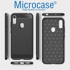 Microcase Huawei Honor 8A Pro Brushed Carbon Fiber Silikon Kılıf + Tempered Glass Cam Koruma