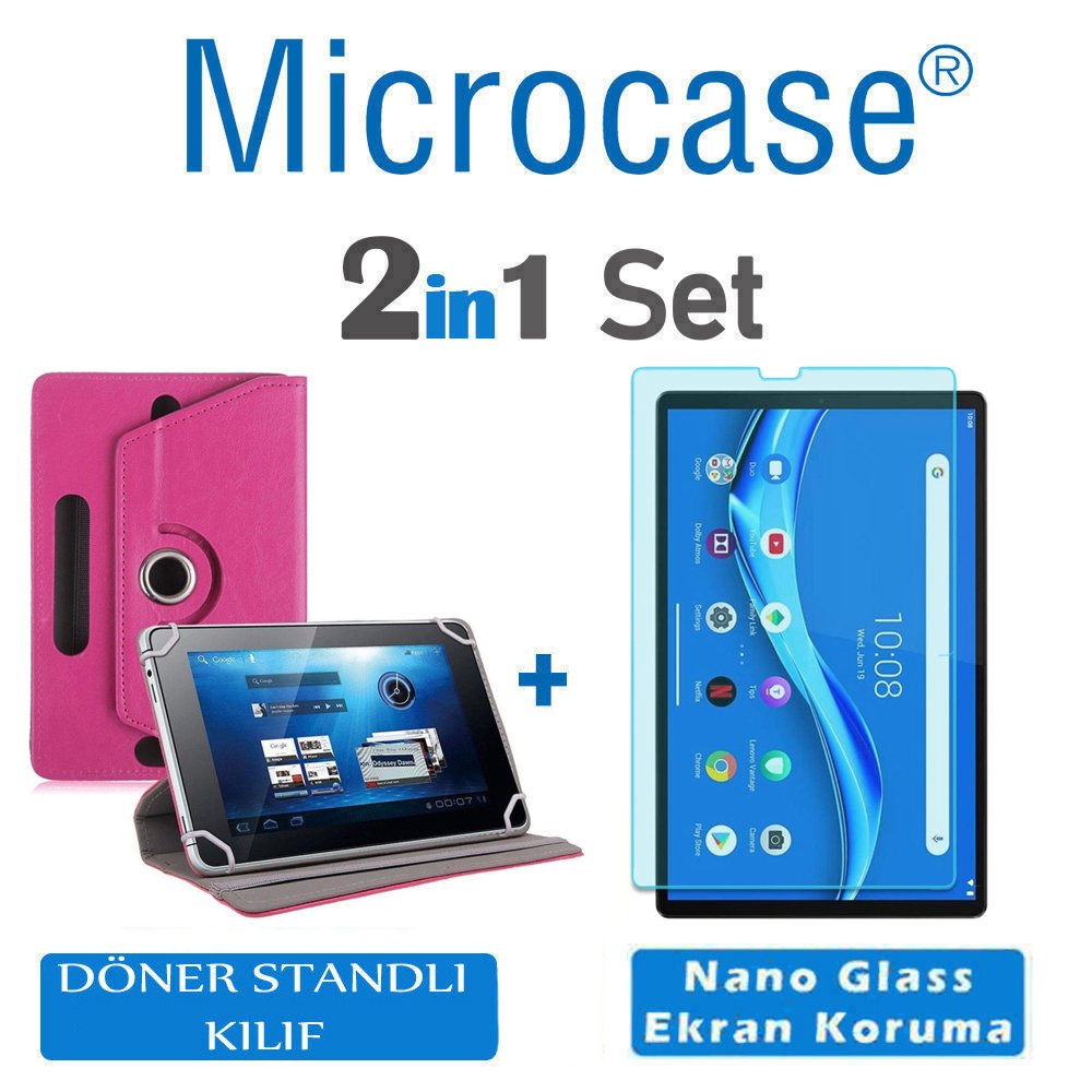 Microcase Lenovo M10 FHD Plus  10.3'' TB-X606 X606F Tablet Universal Döner Standlı Kılıf - Pembe + Nano Esnek Ekran Koruma Filmi