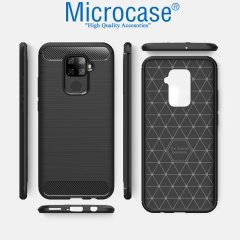 Microcase Huawei Mate 30 Lite Brushed Carbon Fiber Silikon Kılıf - Siyah + Tempered Glass Cam Koruma