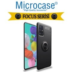 Microcase Samsung Galaxy A51 Focus Serisi Yüzük Standlı Silikon Kılıf - Siyah + Tempered Glass Cam Koruma