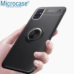 Microcase Samsung Galaxy A51 Focus Serisi Yüzük Standlı Silikon Kılıf - Siyah + Tempered Glass Cam Koruma