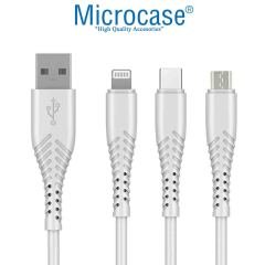 Microcase 3in1 Lightning Type C Micro USB Şarj ve Data Kablosu Kaymaz Materyal 120 cm - AL2891 Beyaz