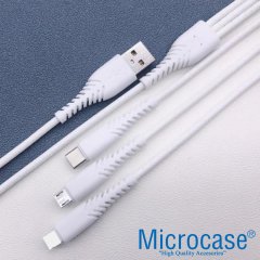 Microcase 3in1 Lightning Type C Micro USB Şarj ve Data Kablosu Kaymaz Materyal 120 cm - AL2891 Beyaz
