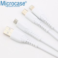Microcase 3in1 Lightning Type C Micro USB Şarj ve Data Kablosu Kaymaz Materyal 120 cm - AL2891 Beyaz
