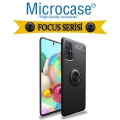 Microcase Samsung Galaxy A71 Focus Serisi Yüzük Standlı Silikon Kılıf - Siyah + Tempered Glass Cam Koruma