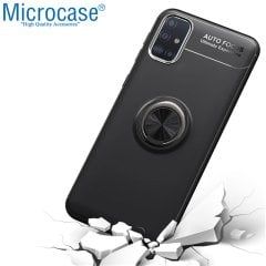 Microcase Samsung Galaxy A71 Focus Serisi Yüzük Standlı Silikon Kılıf - Siyah + Tempered Glass Cam Koruma