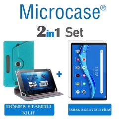 Microcase Lenovo M10 FHD Plus  10.3'' TB-X606 X606F Tablet Universal Döner Standlı Kılıf - Turkuaz + Ekran Koruma Filmi