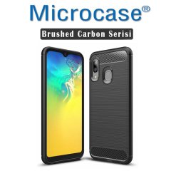 Microcase Samsung Galaxy A20e Brushed Carbon Fiber Silikon Kılıf - Siyah + Tempered Glass Cam Koruma