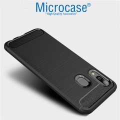 Microcase Samsung Galaxy A20e Brushed Carbon Fiber Silikon Kılıf - Siyah + Tempered Glass Cam Koruma