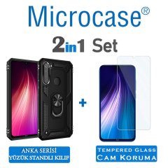 Microcase Xiaomi Redmi Note 8 Anka Serisi Yüzük Standlı Armor Kılıf - Siyah + Tempered Glass Cam Koruma