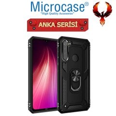 Microcase Xiaomi Redmi Note 8 Anka Serisi Yüzük Standlı Armor Kılıf - Siyah + Tempered Glass Cam Koruma