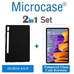 Microcase Samsung Galaxy Tab S7 T870 Siyah Silikon Kılıf + Tempered Glass Cam Koruma