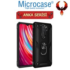 Microcase Xiaomi Redmi Note 8 Pro Anka Serisi Yüzük Standlı Armor Kılıf - Siyah + Tempered Glass Cam Koruma