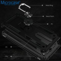 Microcase Xiaomi Redmi Note 8 Pro Anka Serisi Yüzük Standlı Armor Kılıf - Siyah + Tempered Glass Cam Koruma