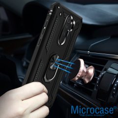 Microcase Xiaomi Redmi Note 8 Pro Anka Serisi Yüzük Standlı Armor Kılıf - Siyah + Tempered Glass Cam Koruma