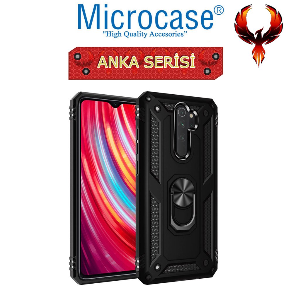 Microcase Xiaomi Redmi Note 8 Pro Anka Serisi Yüzük Standlı Armor Kılıf - Siyah