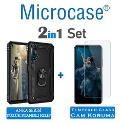 Microcase Huawei Honor 20 - Nova 5T Anka Serisi Yüzük Standlı Armor Kılıf - Siyah + Tempered Glass Cam Koruma
