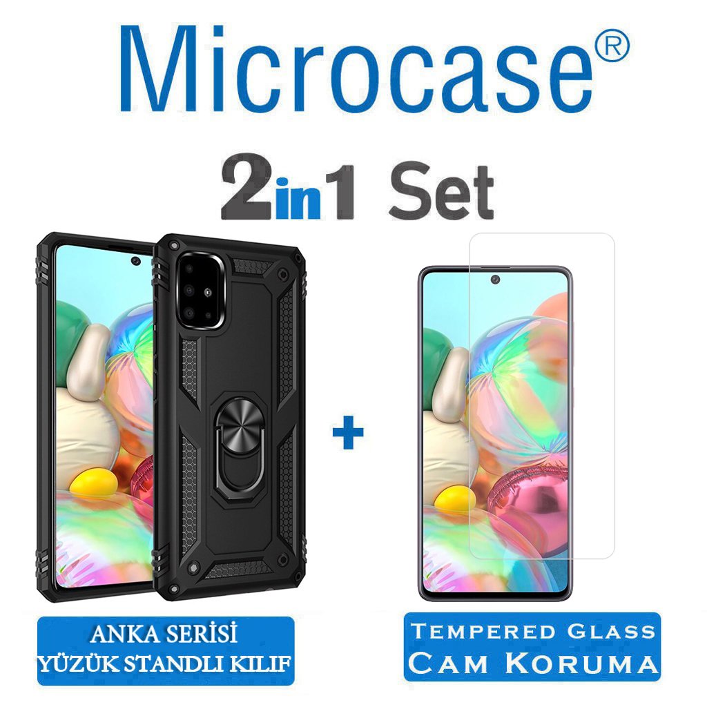 Microcase Samsung Galaxy A71 Anka Serisi Yüzük Standlı Armor Kılıf - Siyah + Tempered Glass Cam Koruma