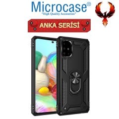 Microcase Samsung Galaxy A71 Anka Serisi Yüzük Standlı Armor Kılıf - Siyah + Tempered Glass Cam Koruma