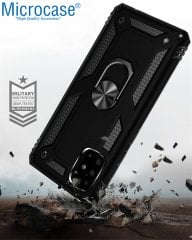 Microcase Samsung Galaxy A71 Anka Serisi Yüzük Standlı Armor Kılıf - Siyah + Tempered Glass Cam Koruma