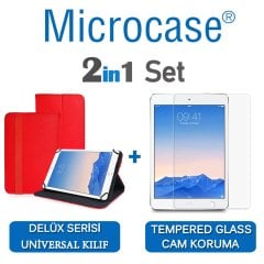 Microcase iPad Air 2 Delüx Serisi Universal Standlı Deri Kılıf - Kırmızı + Tempered Glass Cam Koruma