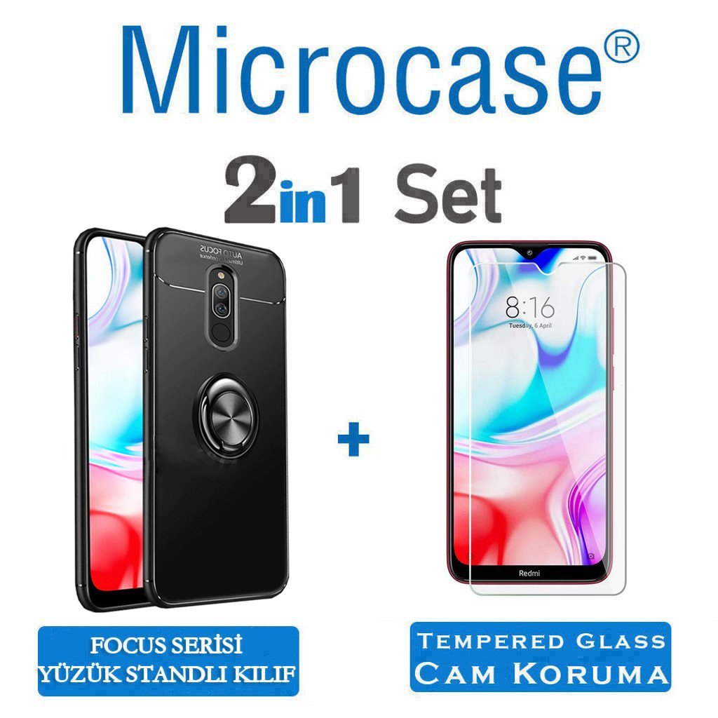 Microcase Xiaomi Redmi 8 Focus Serisi Yüzük Standlı Silikon Kılıf - Siyah + Tempered Glass Cam Koruma