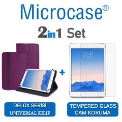 Microcase iPad Air 2 Delüx Serisi Universal Standlı Deri Kılıf - Mor + Tempered Glass Cam Koruma