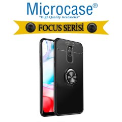 Microcase Xiaomi Redmi 8 Focus Serisi Yüzük Standlı Silikon Kılıf - Siyah + Tempered Glass Cam Koruma