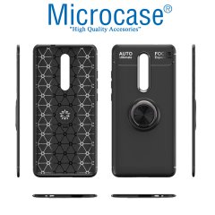 Microcase Xiaomi Redmi 8 Focus Serisi Yüzük Standlı Silikon Kılıf - Siyah + Tempered Glass Cam Koruma