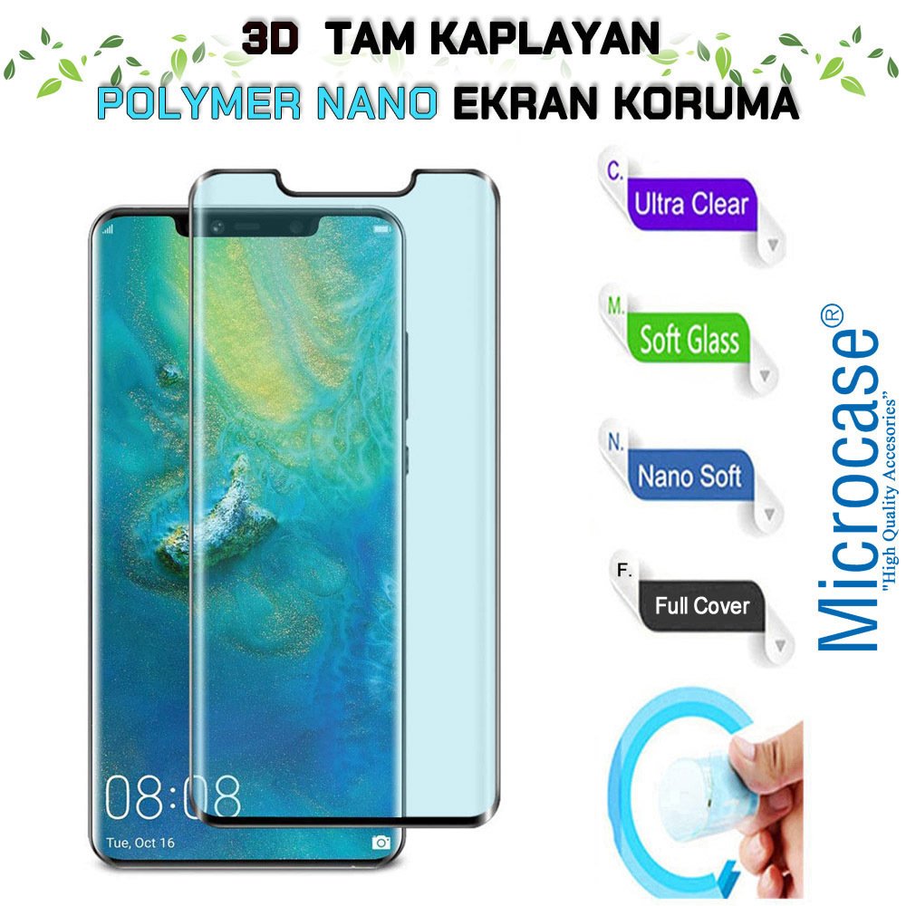 Microcase Huawei Mate 20 Pro 3D Kavisli Tam Kaplayan Polymer Nano Ekran Koruma - Siyah