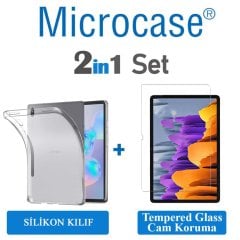 Microcase Samsung Galaxy Tab S7 Plus T970 12.4 inch Şeffaf Silikon Kılıf+Tempered Glass Cam Koruma