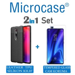 Microcase Xiaomi Redmi K20 Leather Tpu Silikon Kılıf - Siyah + Tempered Glass Cam Koruma (SEÇENEKLİ)