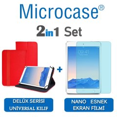 Microcase iPad Air 2 Delüx Serisi Universal Standlı Deri Kılıf - Kırmızı + Nano Esnek Ekran Koruma Filmi