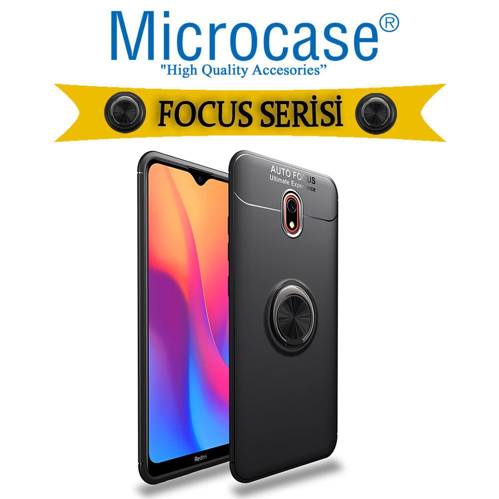 Microcase Xiaomi Redmi 8A Focus Serisi Yüzük Standlı Silikon Kılıf - Siyah