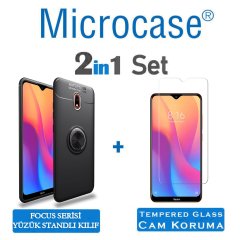 Microcase Xiaomi Redmi 8A Focus Serisi Yüzük Standlı Silikon Kılıf - Siyah + Tempered Glass Cam Koruma