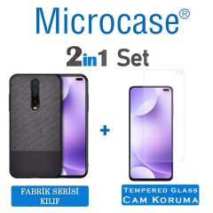 Microcase Xiaomi Redmi K30 Fabrik Serisi Kumaş ve Deri Desen Kılıf - Siyah + Tempered Glass Cam Koruma