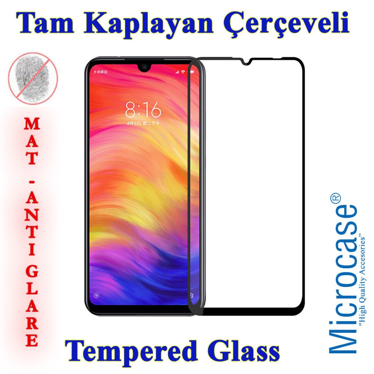 Microcase Xiaomi Redmi Note 7 - Note 7 Pro Tam Kaplayan Çerçeveli Tempered Ekran Koruyucu - MAT SİYAH