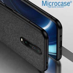 Microcase Xiaomi Redmi K30 Fabrik Serisi Kumaş ve Deri Desen Kılıf - Siyah + Tempered Glass Cam Koruma