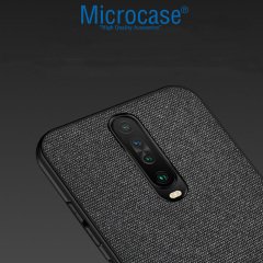 Microcase Xiaomi Redmi K30 Fabrik Serisi Kumaş ve Deri Desen Kılıf - Siyah + Tempered Glass Cam Koruma